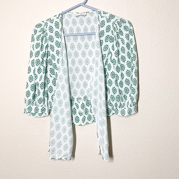 Sandro Namal Printed Crop Top 1 Small Waist Tie 3/4 Balloon Sleeve White Green - Picture 3 of 7